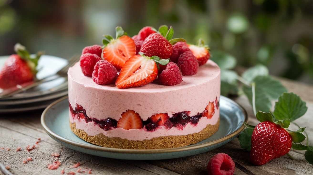 A slice of Vegan No-Bake Cheesecake with berry compote and fresh berries, displayed on a rustic table.