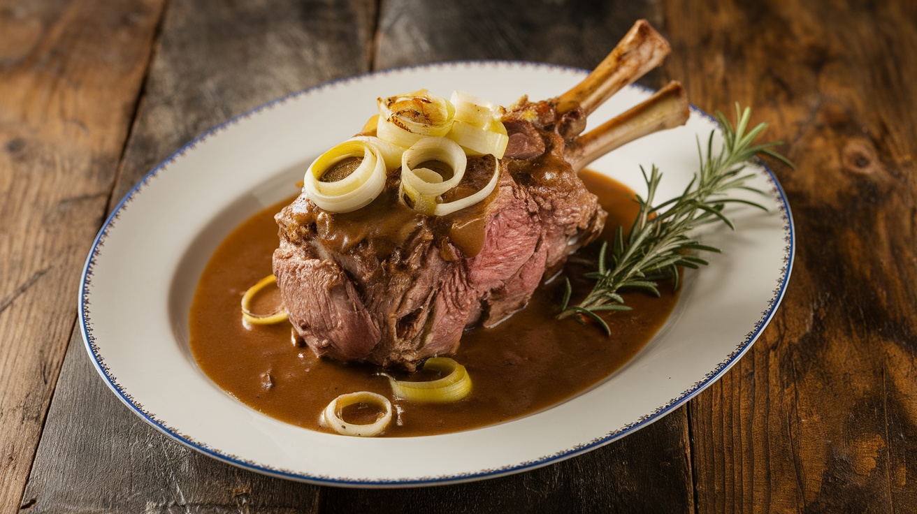 Tender lamb roast with leeks and gravy on a rustic table.