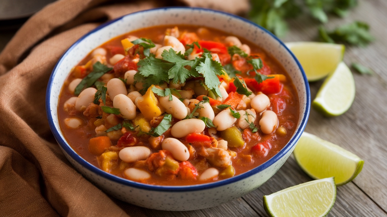 A bowl of Vegan White Bean Chili with white beans, bell peppers, and cilantro on a rustic table.