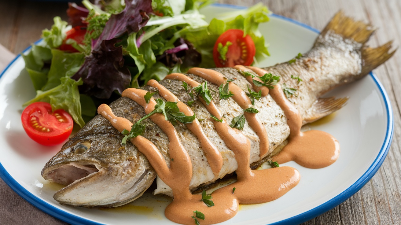 Oven-baked trout with almond butter sauce garnished with parsley, served with a side salad.