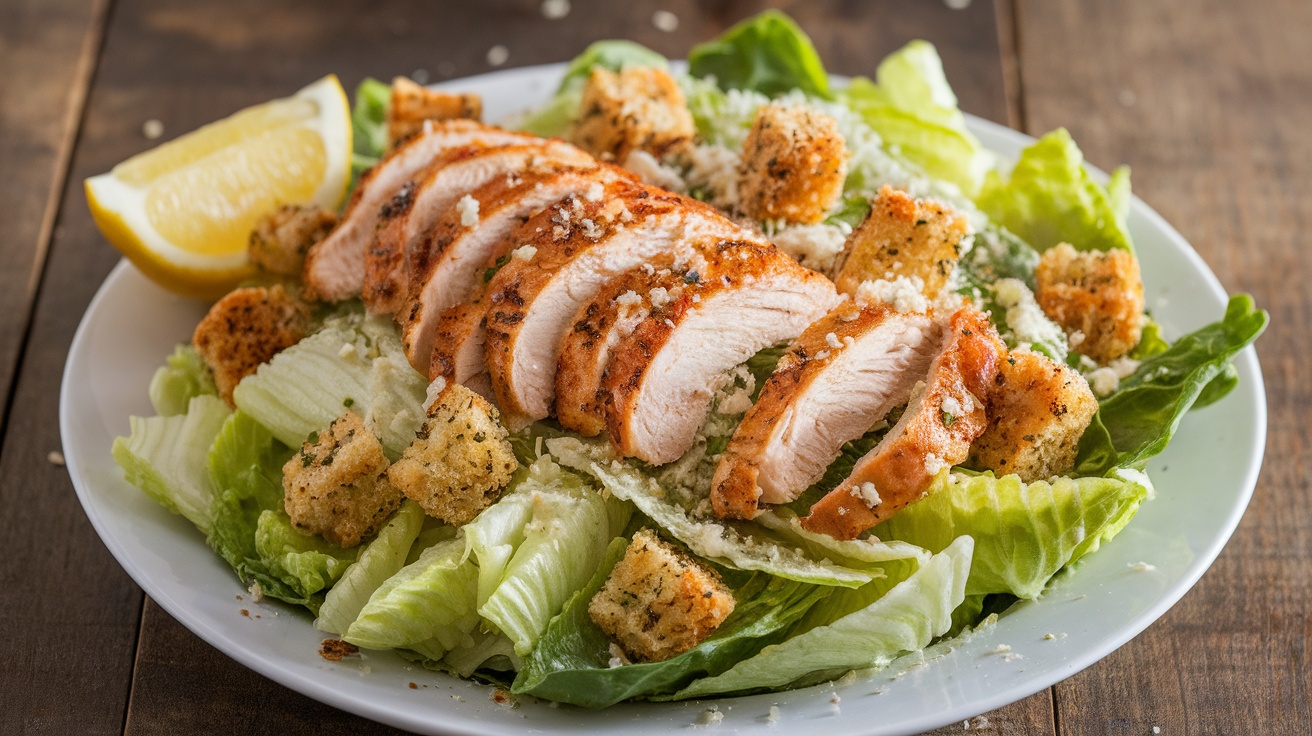 A colorful Grilled Chicken Caesar Salad on a plate with romaine lettuce, grilled chicken, gluten-free croutons, and lemon.