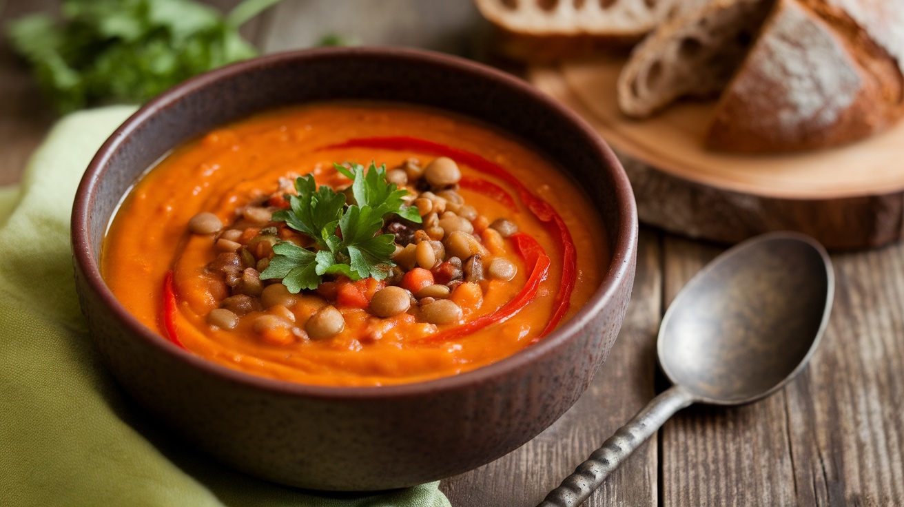 A bowl of Roasted Red Pepper and Lentil Soup garnished with parsley, accompanied by rustic bread on a wooden table.