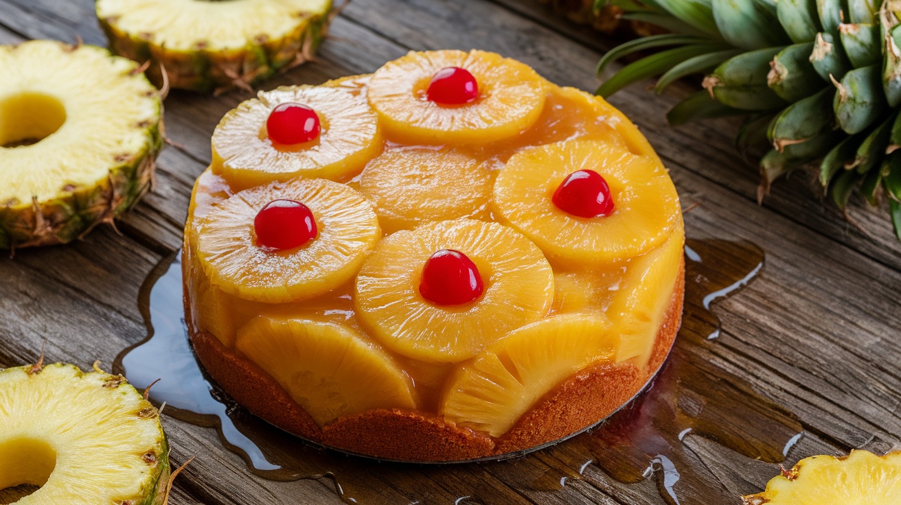 Vegan pineapple upside-down cake with caramelized pineapple and cherries on a rustic table.