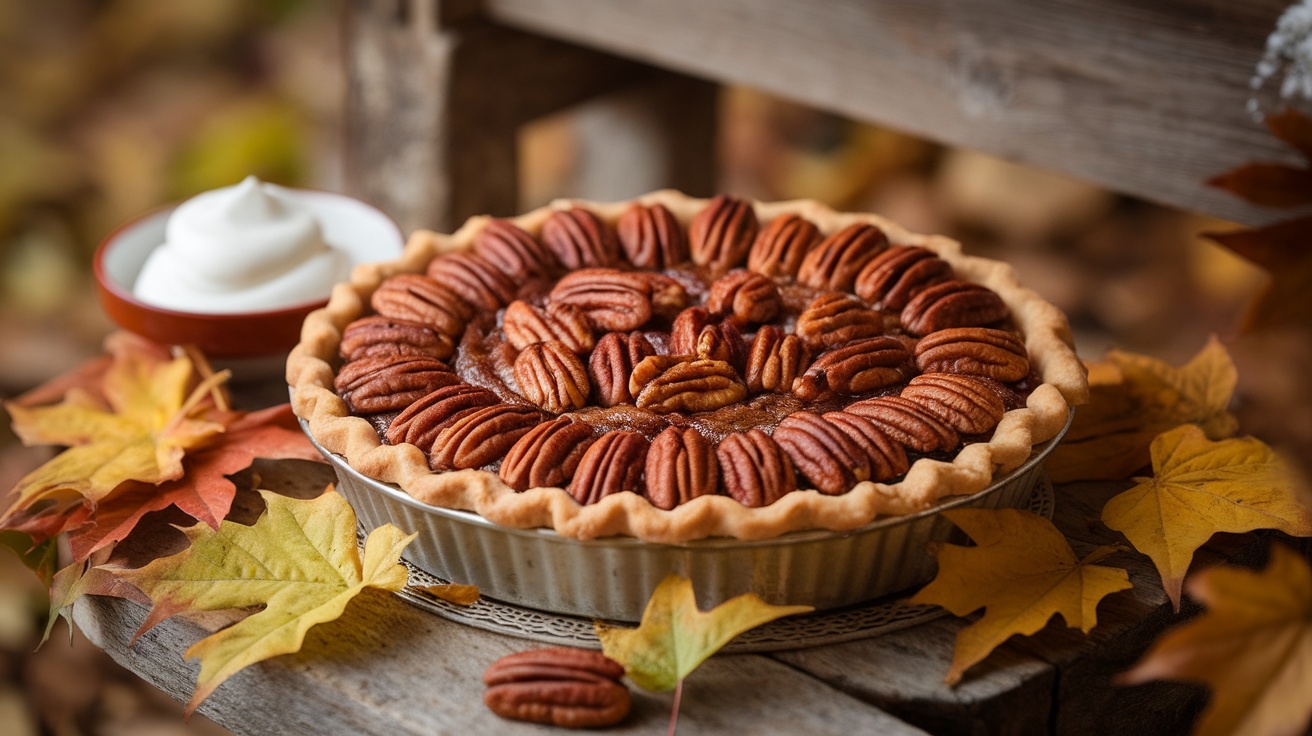 A vegan pecan pie with a golden crust, topped with pecans, on a wooden table with autumn decor.