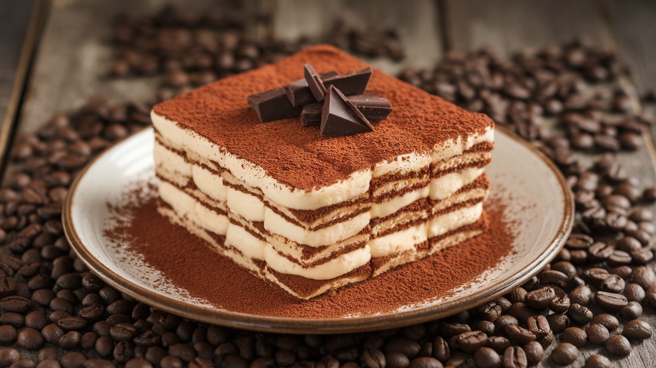 A layered vegan tiramisu with coffee-soaked ladyfingers and creamy filling, garnished with cocoa powder and chocolate shavings.