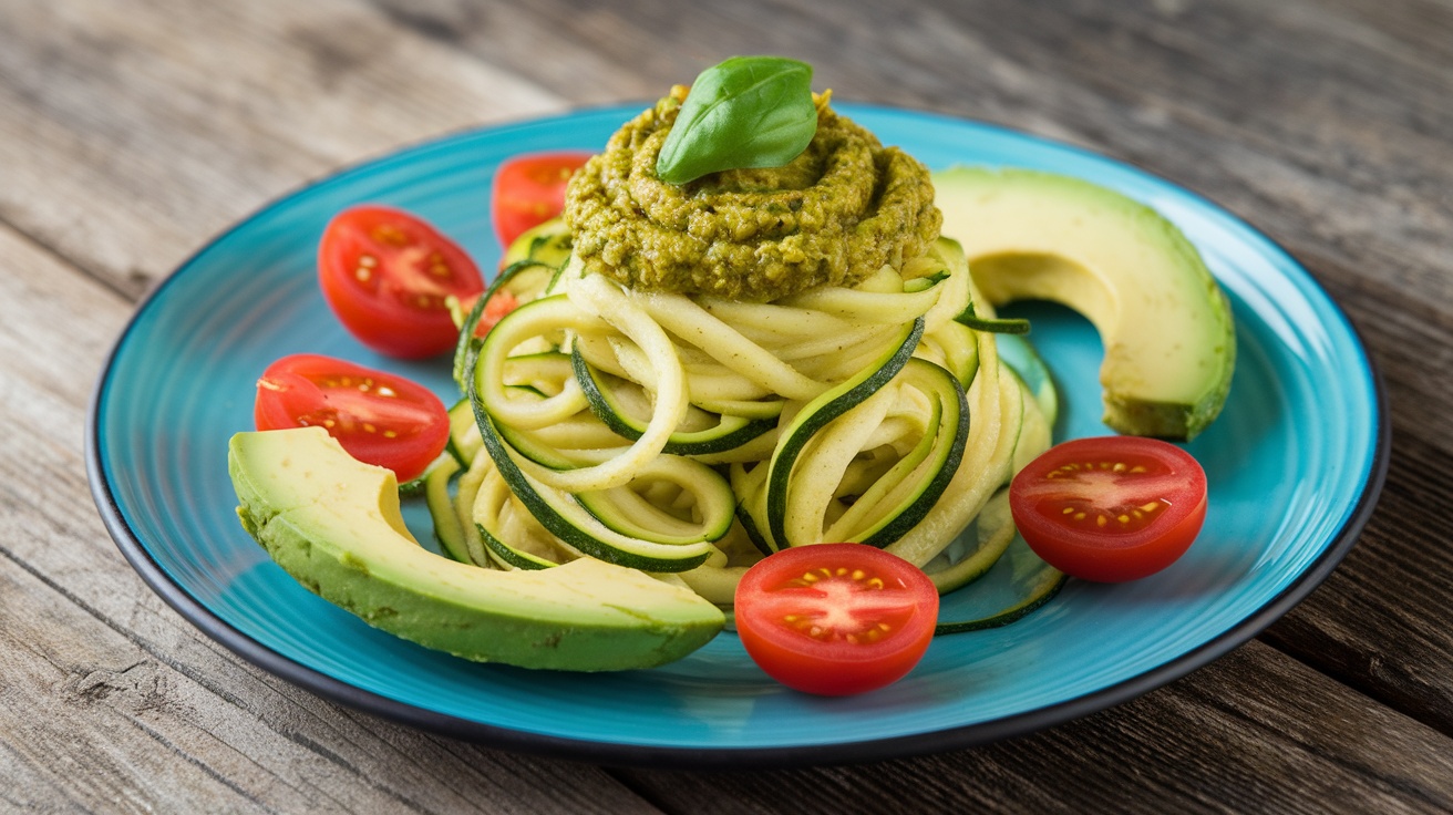 A colorful plate of vegan zucchini noodles with basil pesto, garnished with cherry tomatoes and avocado.