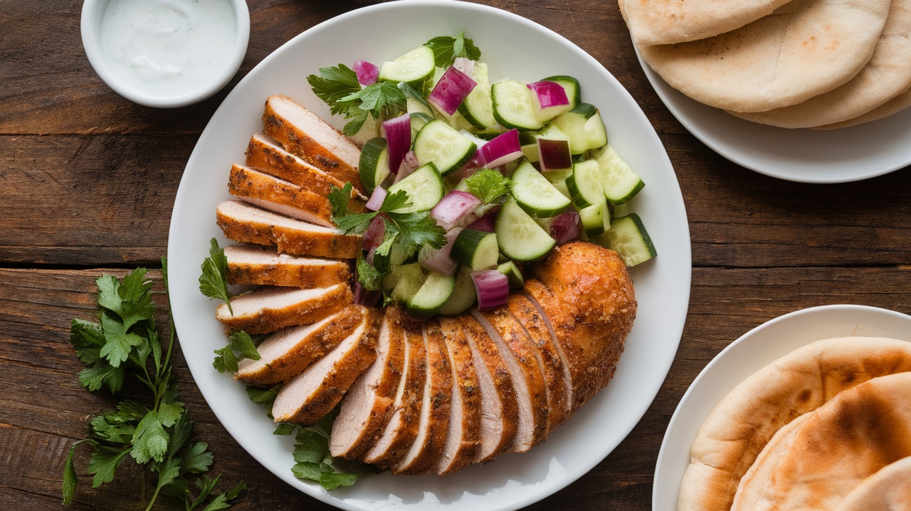 Sliced chicken shawarma with cucumber salad, garnished with parsley on a wooden table.