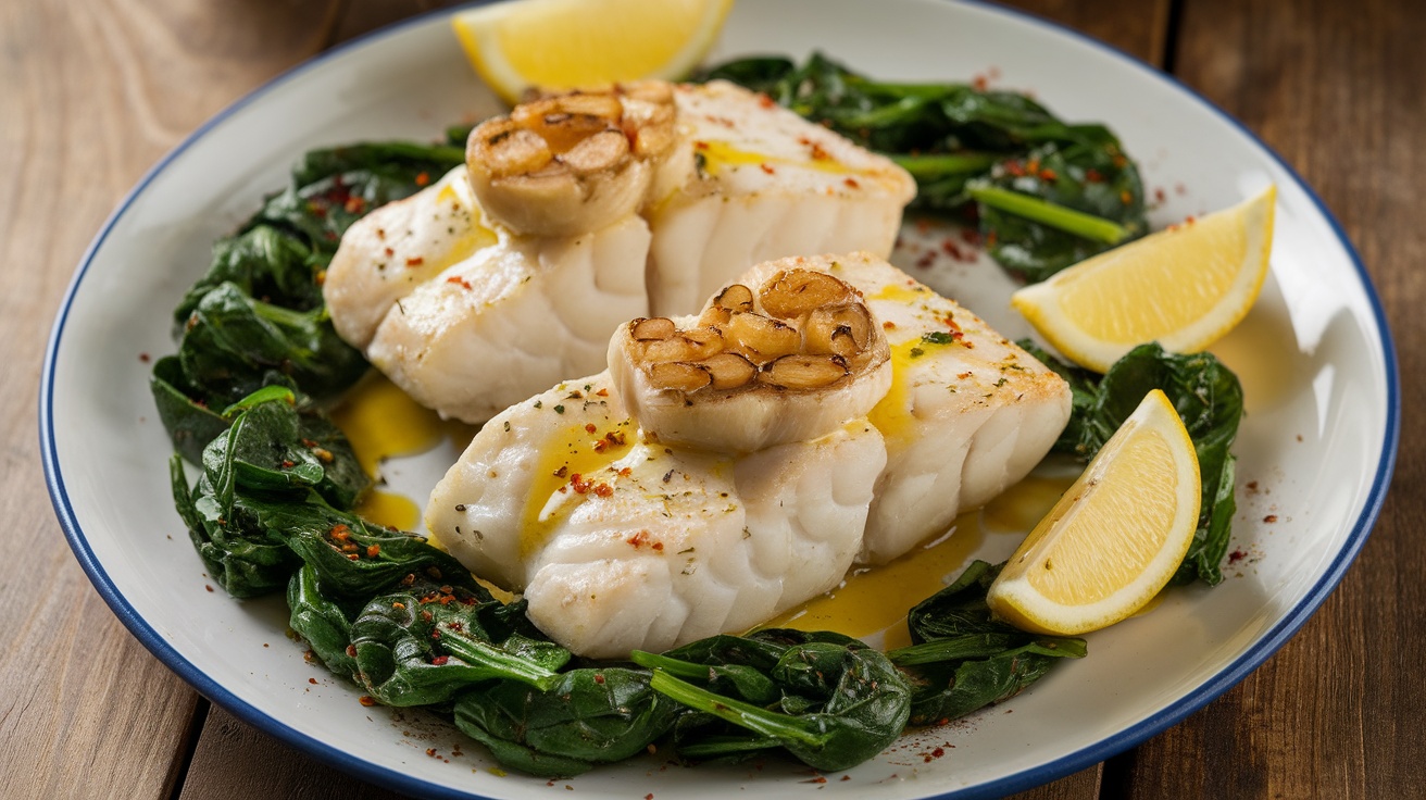 Roasted garlic and lemon cod fillet served with sautéed spinach and lemon wedges on a rustic wooden table.