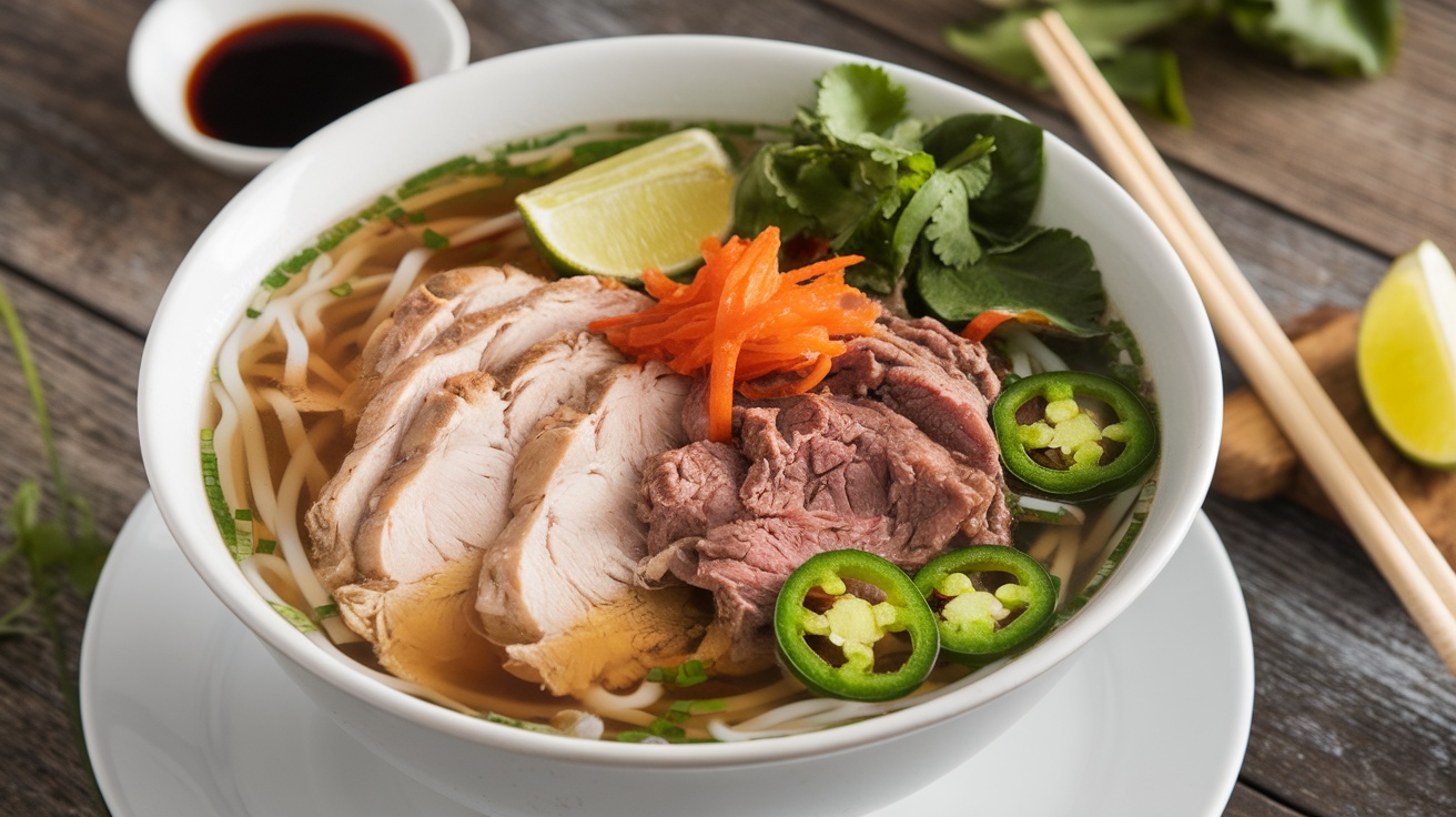 A bowl of gluten-free pho with chicken and beef, garnished with herbs and lime, on a rustic table.