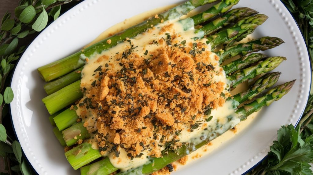 Asparagus with Cheese Sauce and Herb Breadcrumbs