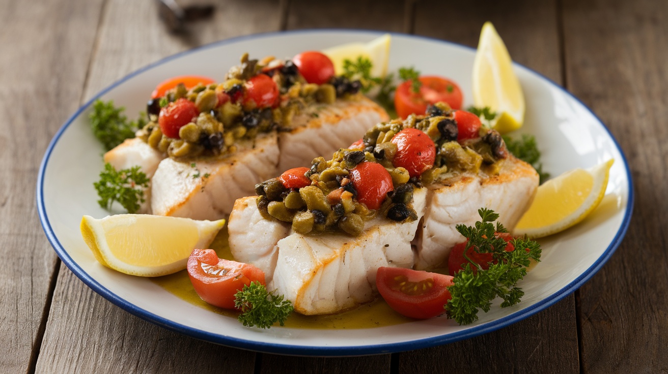 Baked Cod fillets with Tomato and Olive Tapenade on a plate, garnished with parsley and lemon.