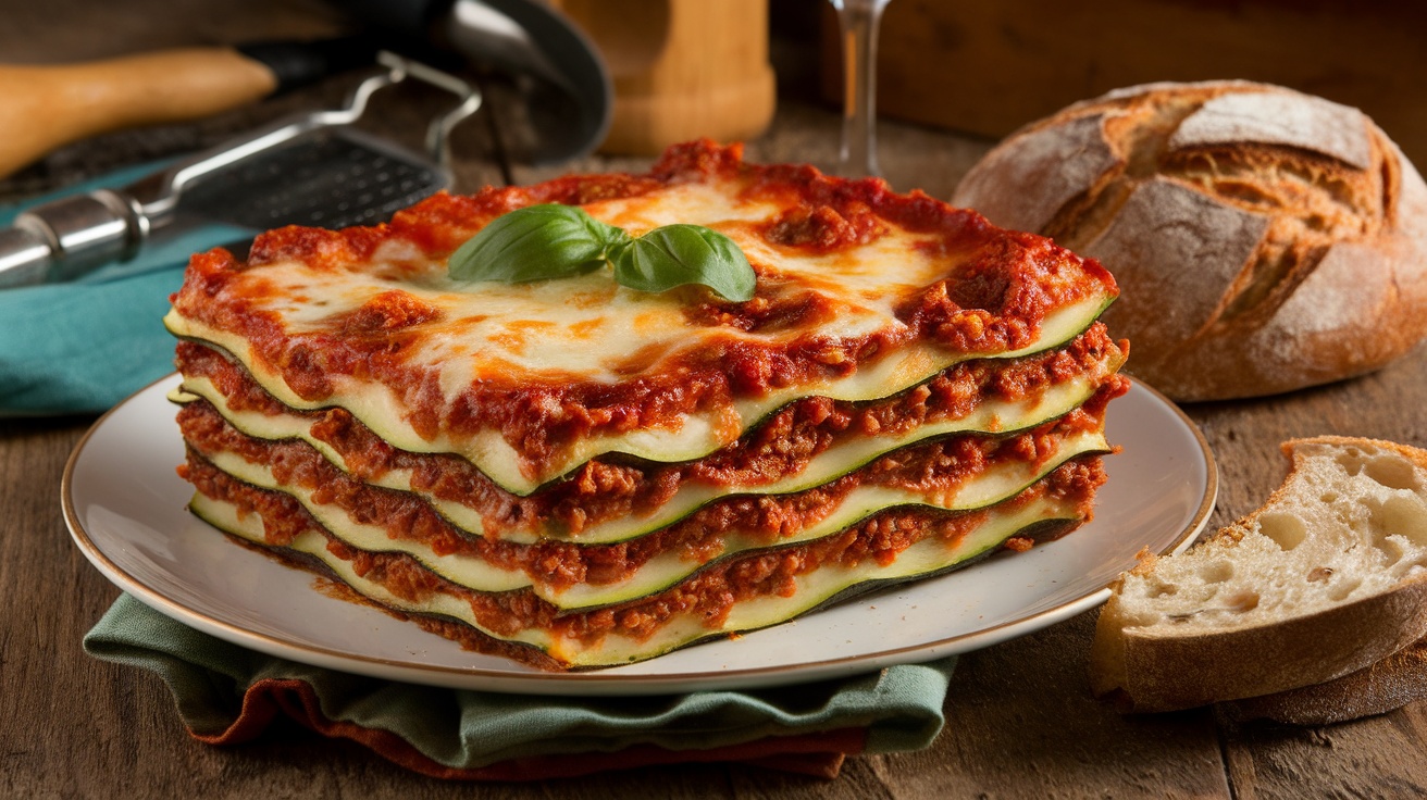 A hearty gluten-free lasagna with zucchini, meat sauce, and melted cheese, garnished with basil on a rustic table.