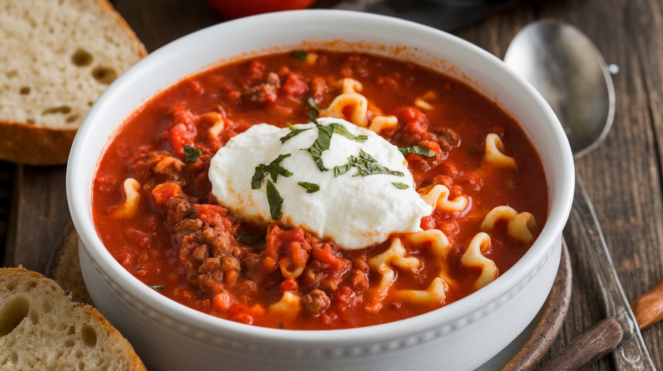 A bowl of gluten-free lasagna soup with ricotta and mozzarella, garnished with basil, set against a rustic backdrop.