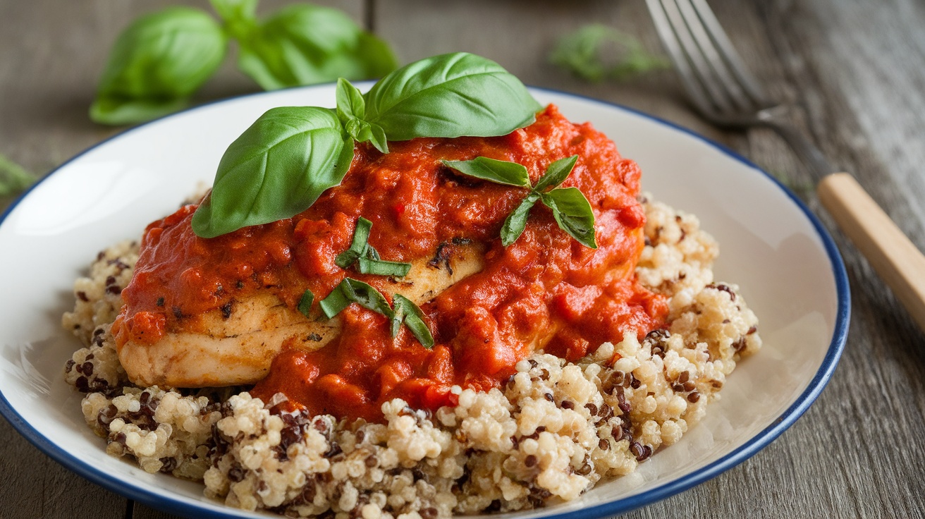 Creamy tomato basil chicken on quinoa, garnished with basil, on a rustic wooden table.