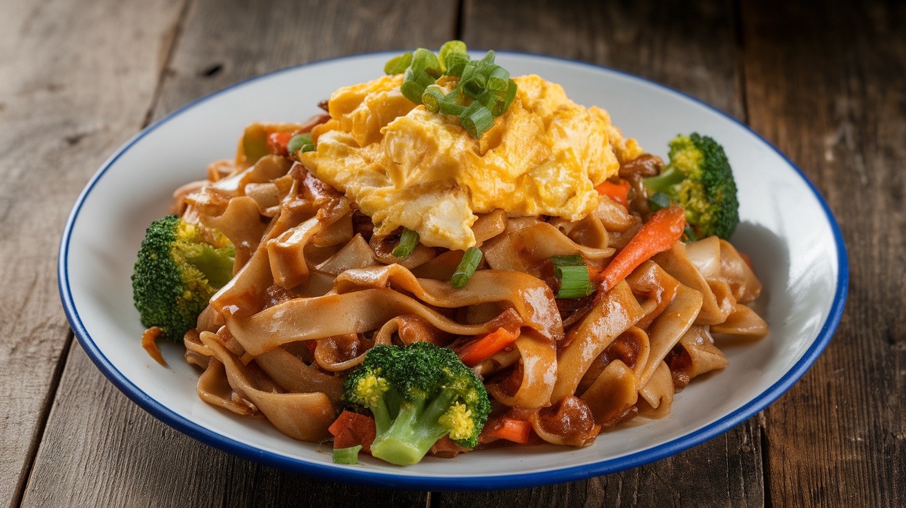 Gluten-free Pad See Ew with rice noodles, vegetables, and eggs on a rustic table.