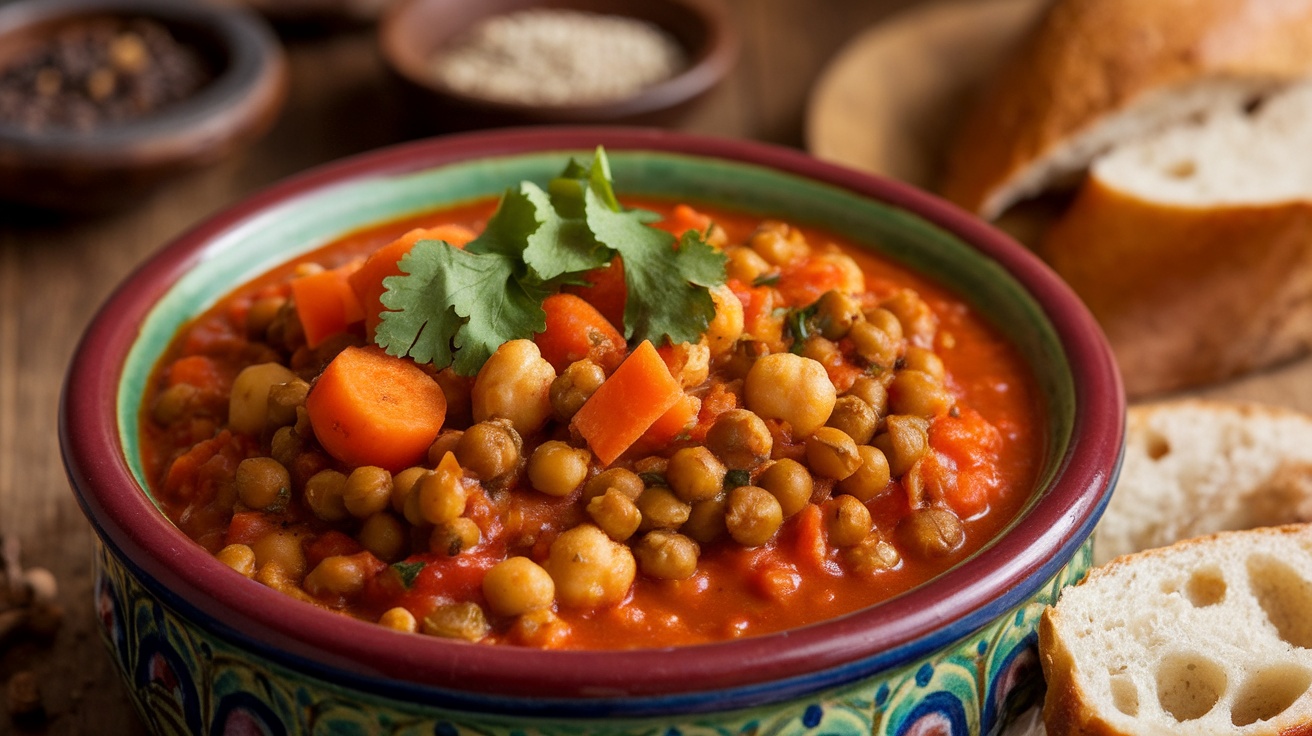 A bowl of hearty Moroccan Lentil and Chickpea Stew garnished with cilantro, served with warm bread on a rustic table.