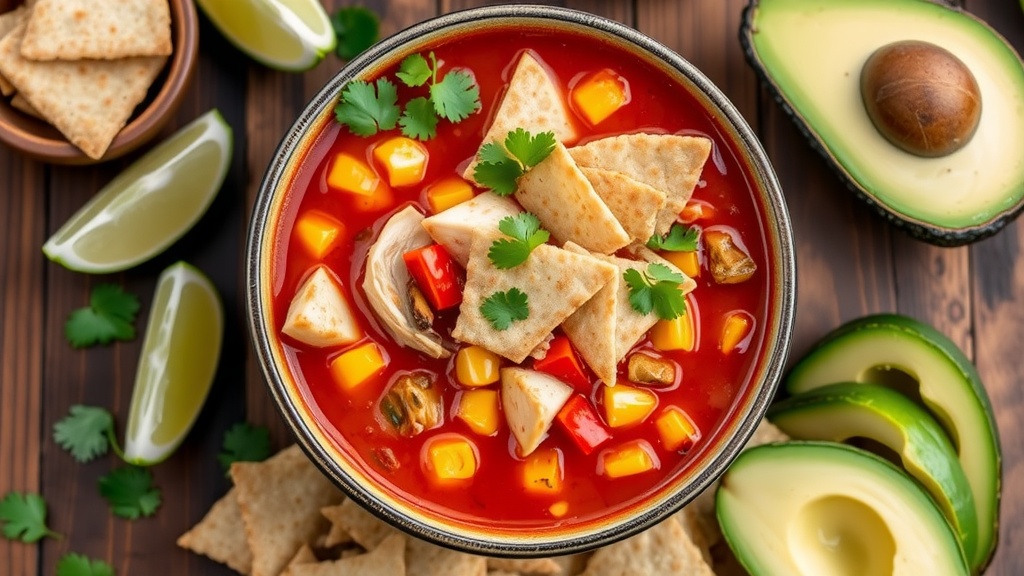 A bowl of Spicy Tortilla Soup with chicken, corn, and tortilla strips, garnished with cilantro and served with lime.