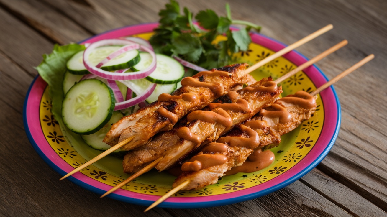 Grilled Chicken Satay skewers with peanut sauce and cucumber salad on a rustic table.