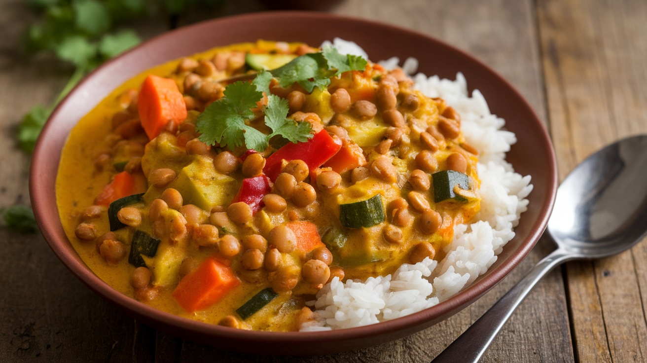 A hearty bowl of lentil and vegetable curry with rice, featuring colorful vegetables and garnished with cilantro on a rustic table.