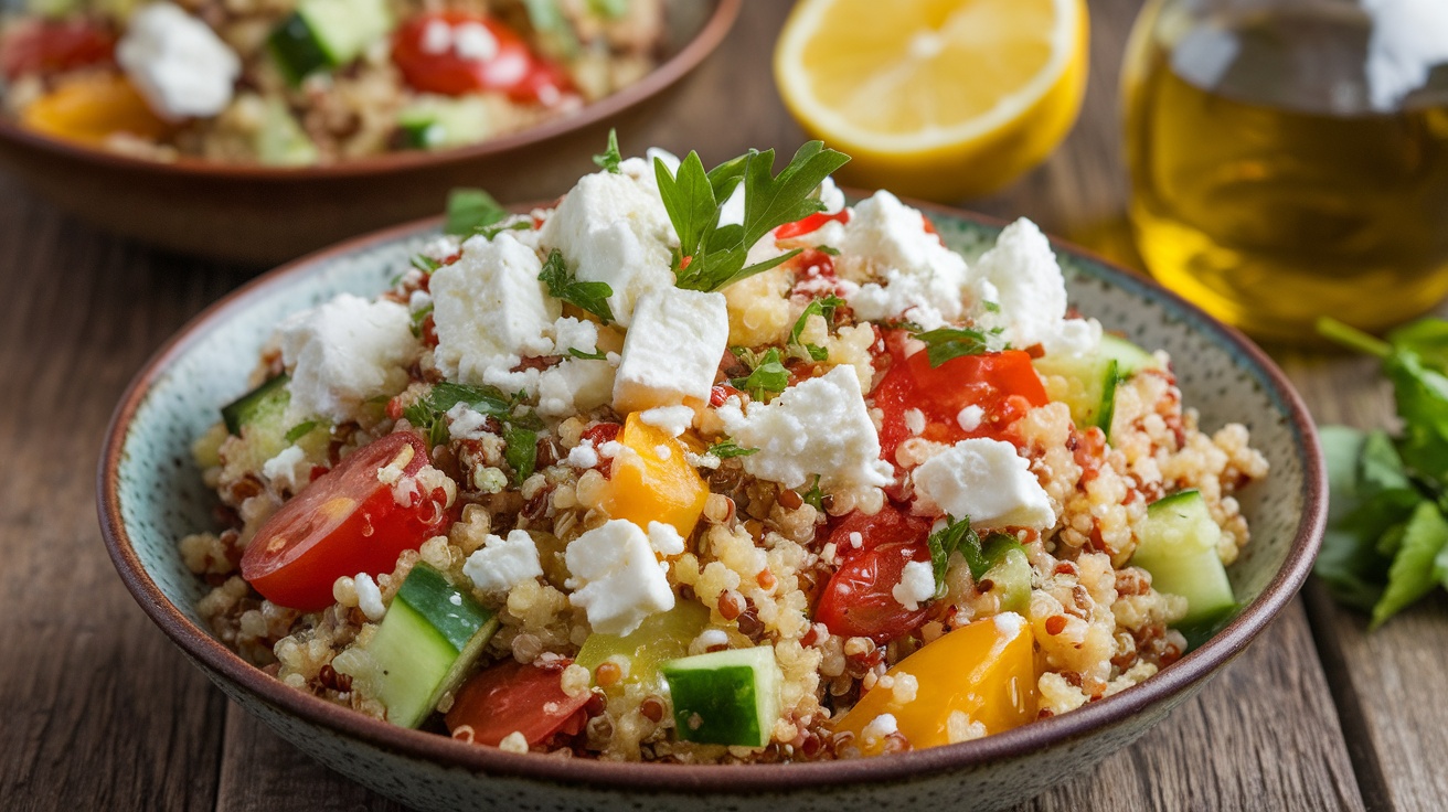 A colorful Mediterranean Quinoa Salad with Feta, featuring tomatoes, cucumbers, bell peppers, and parsley in a rustic bowl.