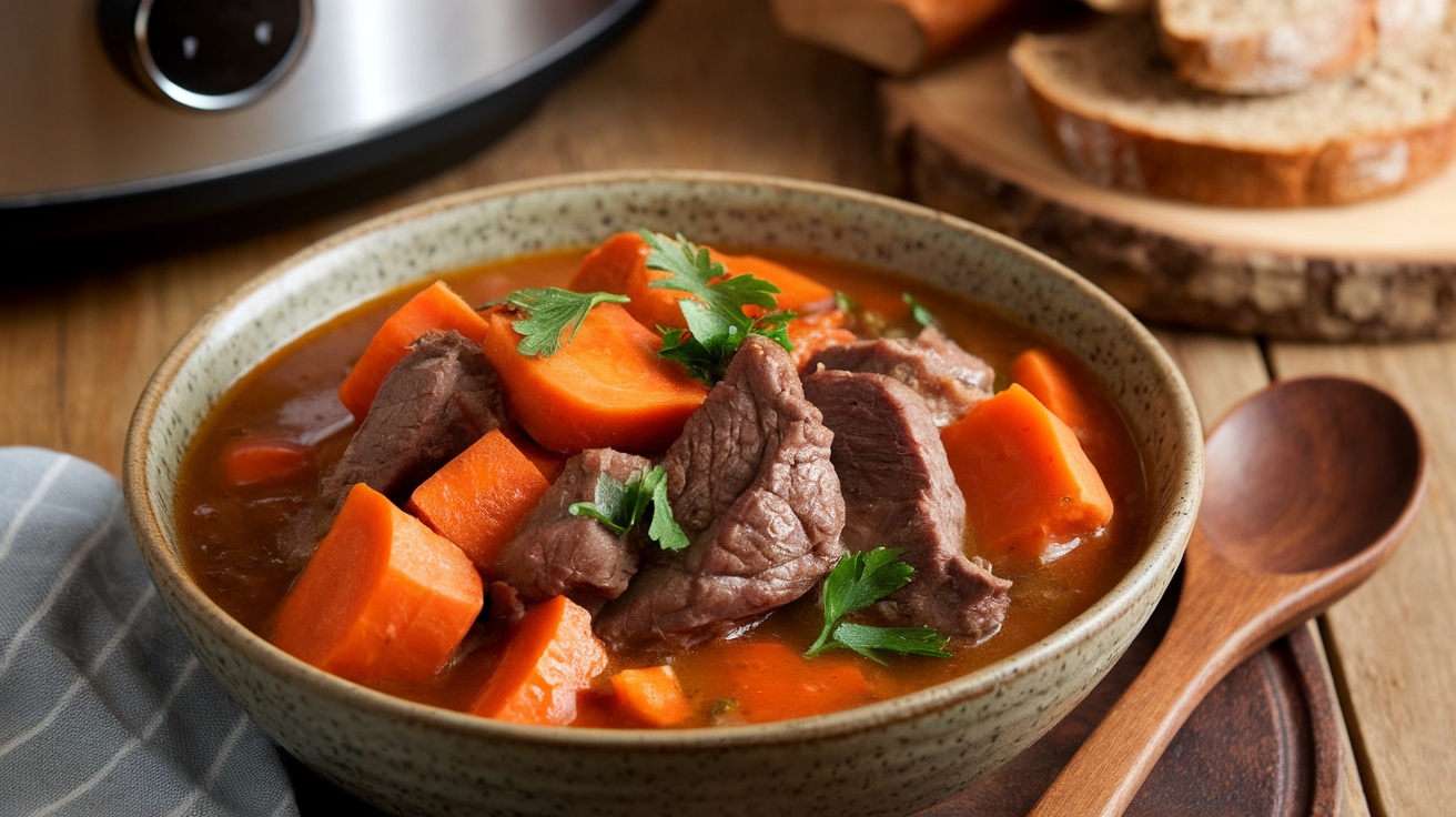 A warm bowl of beef and sweet potato stew, garnished with parsley, set in a rustic kitchen with gluten-free bread.