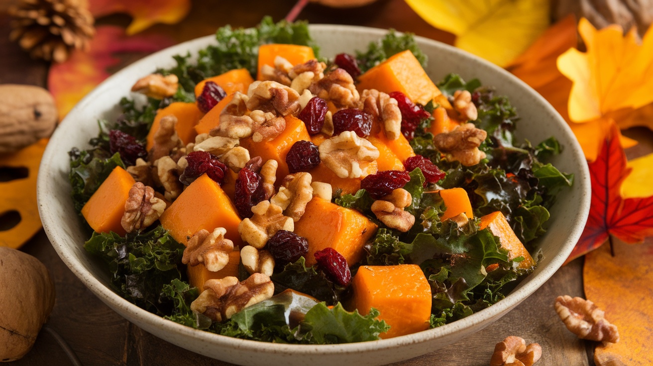 A colorful roasted butternut squash and kale salad with walnuts and cranberries in a rustic bowl on a wooden table.