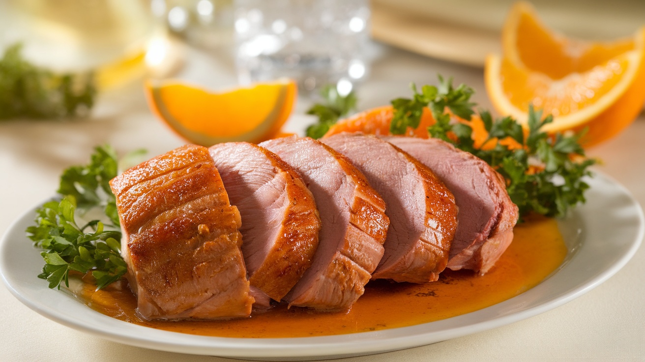 Seared duck breast with orange glaze, sliced and garnished, served on an elegant plate.