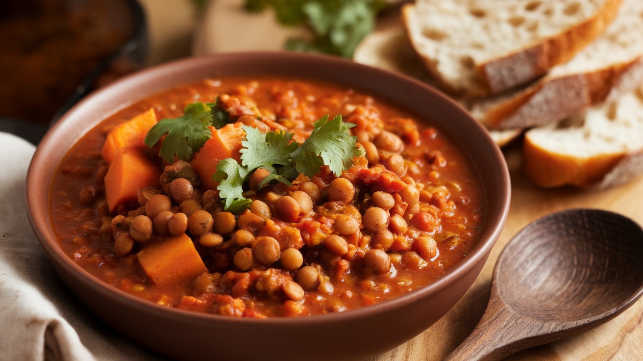 A hearty bowl of spiced lentil and sweet potato stew garnished with cilantro, on a wooden table with crusty bread.