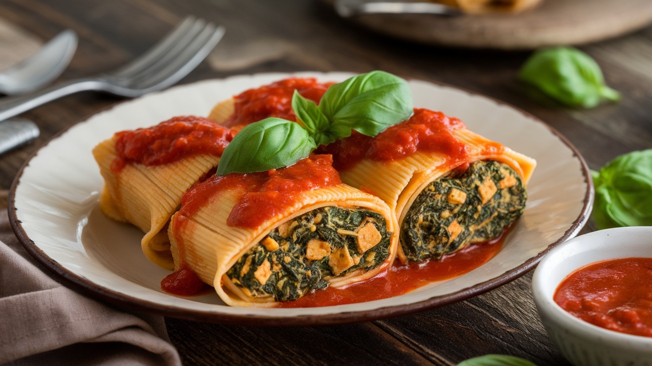 A plate of vegan manicotti filled with spinach and tofu, topped with marinara sauce and garnished with basil on a rustic table.