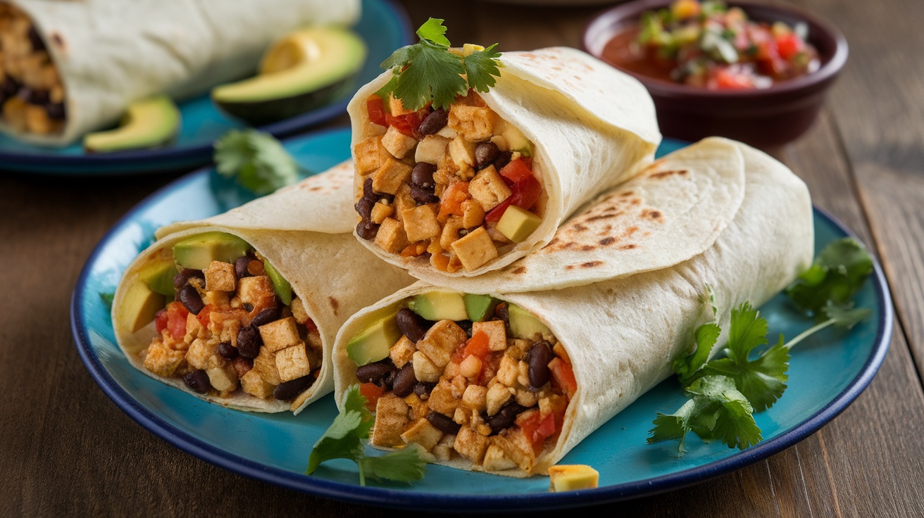 Four vegan breakfast burritos filled with tofu, black beans, and vegetables, garnished with cilantro and avocado, served with salsa on a wooden table.