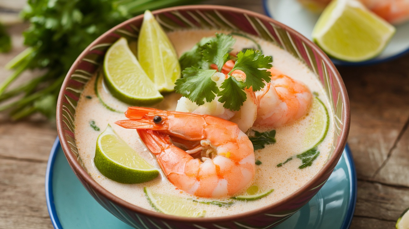 Thai Coconut Lime Soup with shrimp, garnished with cilantro and lime on a rustic wooden table.