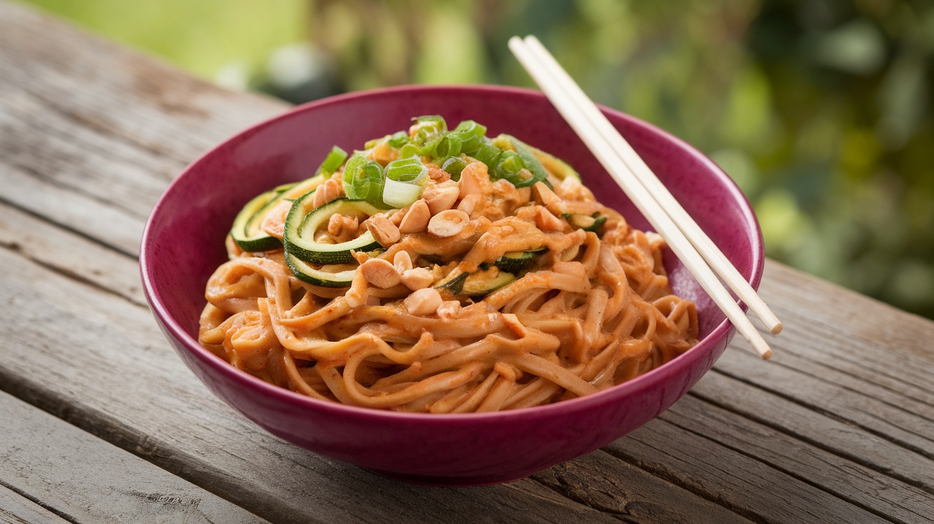 A colorful bowl of Thai Peanut Noodles with Zucchini topped with peanuts and green onions on a wooden table.