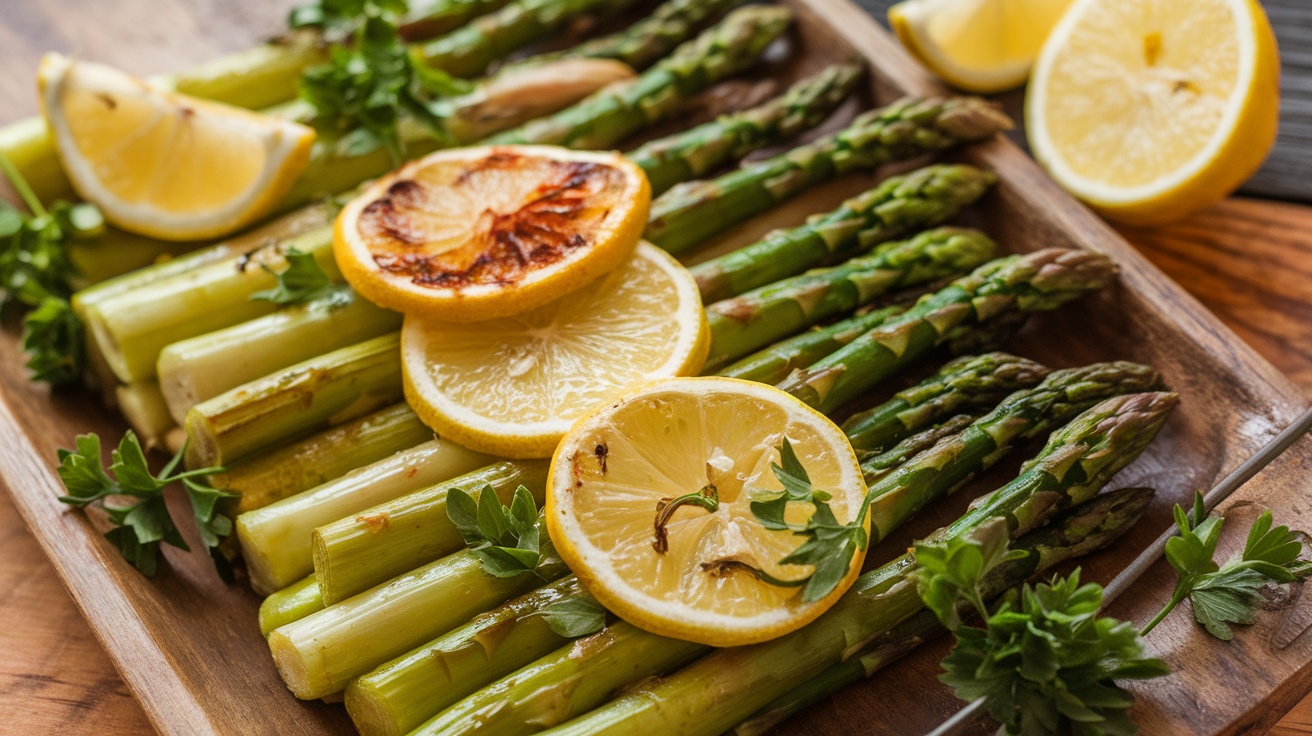 Roasted asparagus with lemon and garlic on a rustic platter.