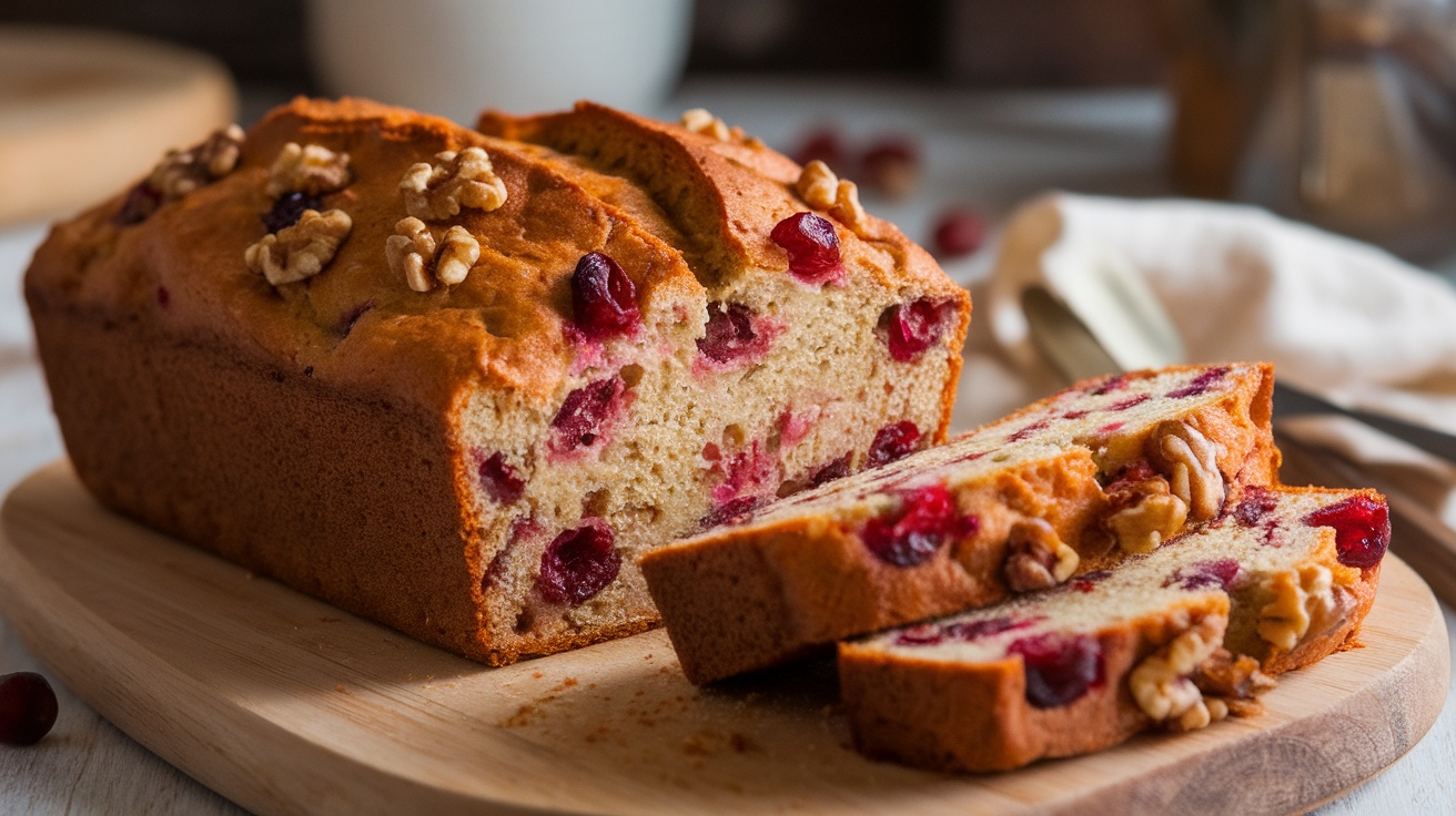 A loaf of vegan cranberry walnut bread with slices cut, showing cranberries and walnuts.