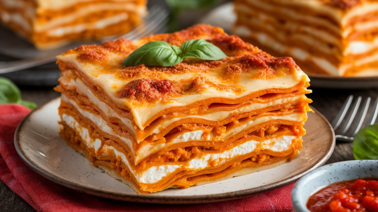 A slice of gluten-free pumpkin lasagna with ricotta, garnished with basil, served on a rustic table.