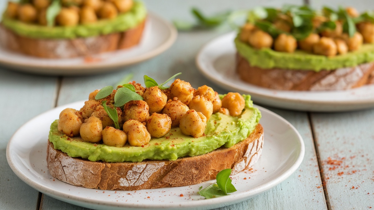 Vegan avocado chickpea toast on a rustic wooden table, garnished with herbs and red pepper flakes.