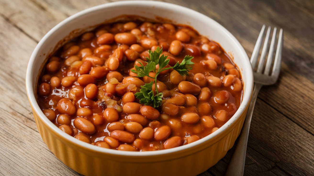 A close-up of a baking dish filled with vegan baked beans, garnished with parsley, on a rustic wooden table.