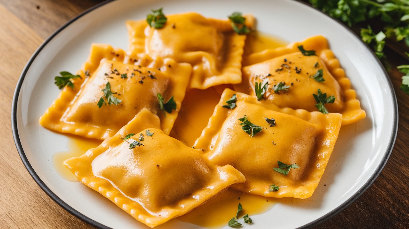 Vegan butternut squash ravioli served with vegan butter and parsley on a rustic wooden table.