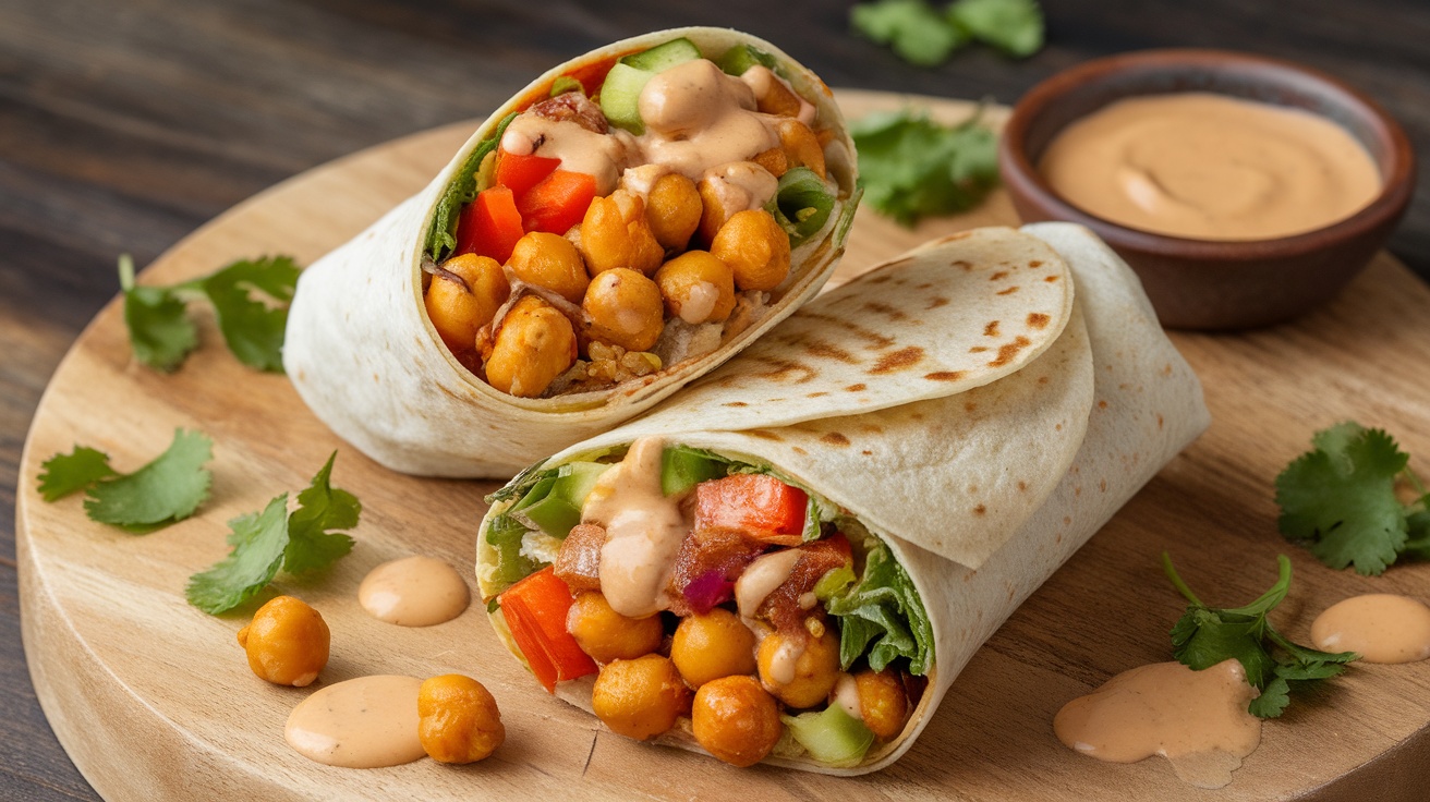 A fresh Vegan Chickpea Tikka Wrap filled with roasted chickpeas, lettuce, cucumber, tomato, and onion, accompanied by a bowl of sauce.