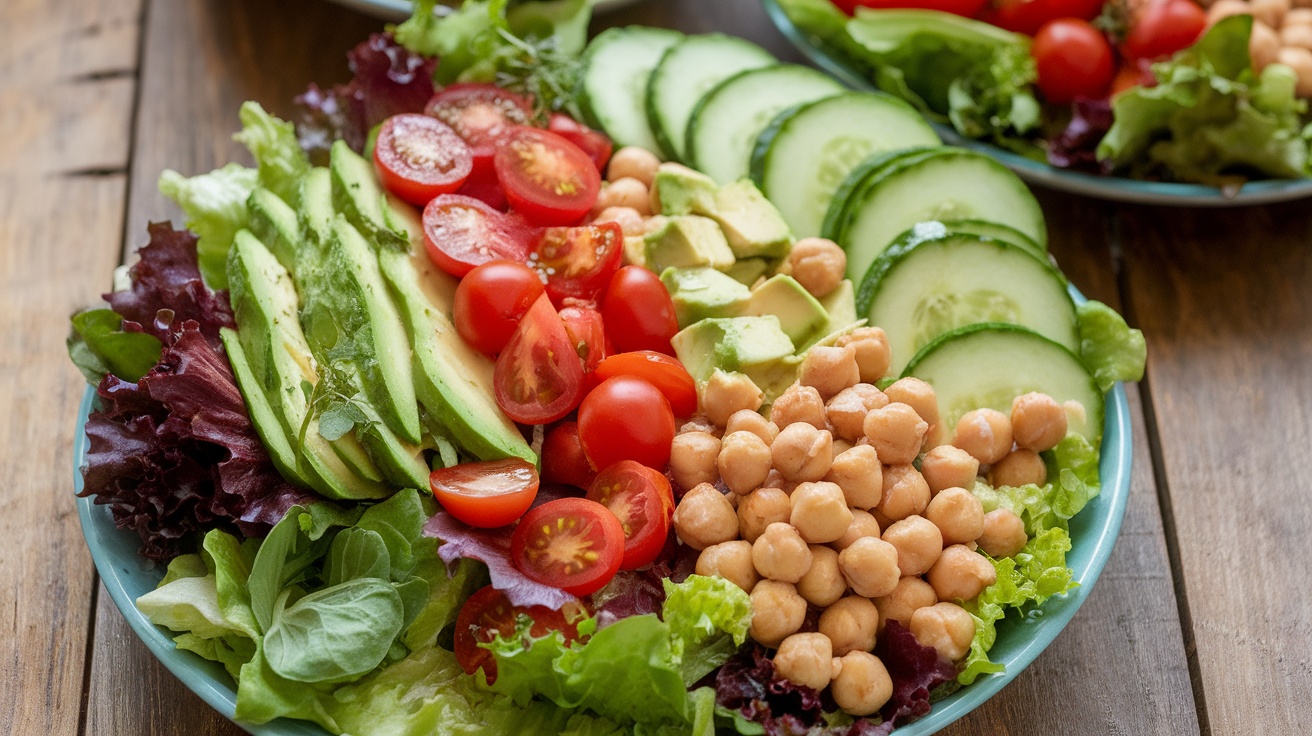 A colorful Vegan Cobb Salad with mixed greens, tomatoes, cucumbers, avocado, and chickpeas on a rustic wooden table.