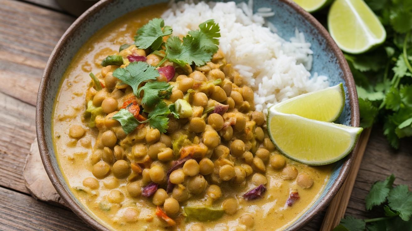 A bowl of Vegan Coconut Curry Lentils, creamy and yellow, garnished with cilantro, served with rice and lime on a wooden table.