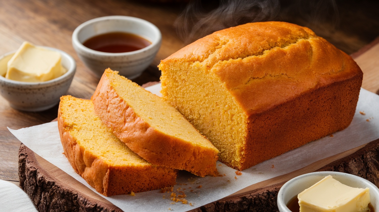 Freshly sliced vegan cornbread on a wooden board with maple syrup and vegan butter.