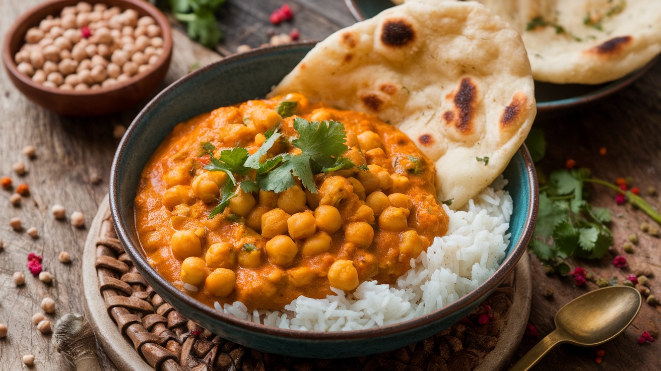 A bowl of chickpea vegan curry with rice and naan, garnished with cilantro, on a wooden table.