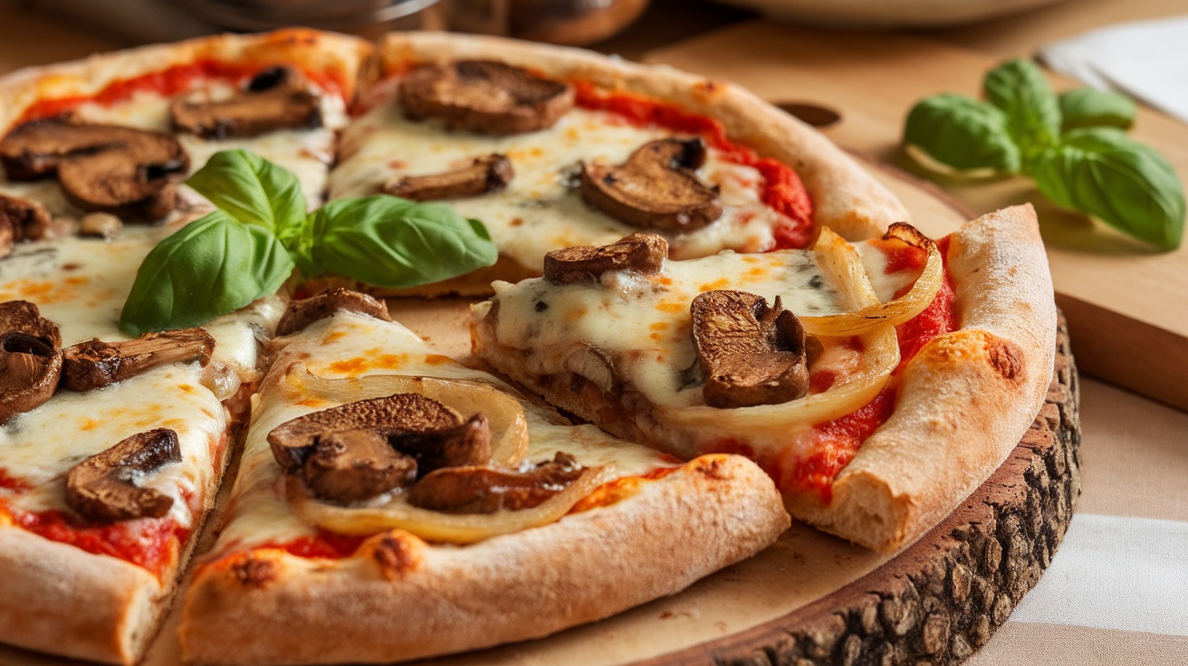 Vegan caramelized onion and mushroom pizza with a golden crust and fresh basil.