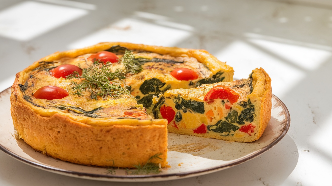 A vegan frittata with spinach, bell peppers, and tomatoes, garnished with herbs on a rustic plate.