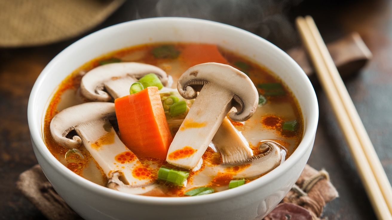 A vibrant bowl of vegan hot and sour soup with mushrooms, carrots, and green onions, served with chopsticks on a rustic table.