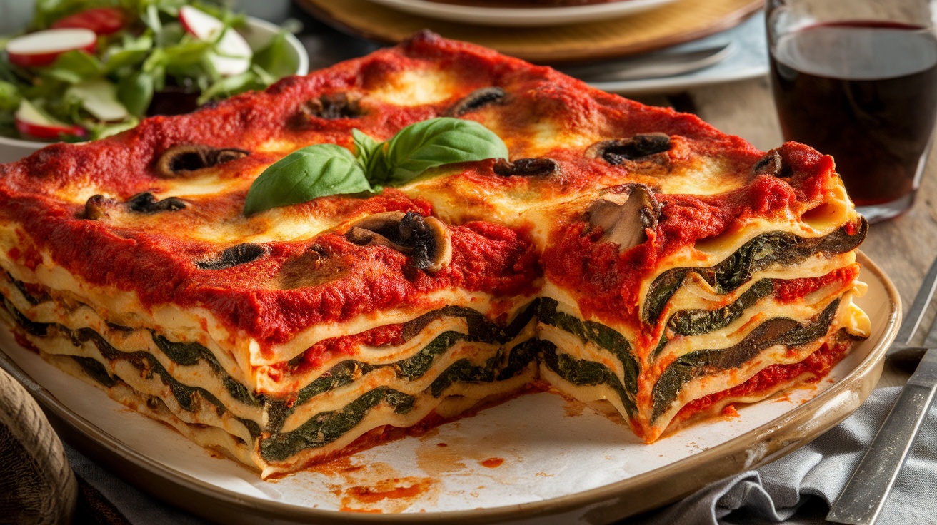 Baked vegan lasagna with layers of pasta, marinara sauce, spinach, and mushrooms on a wooden table.