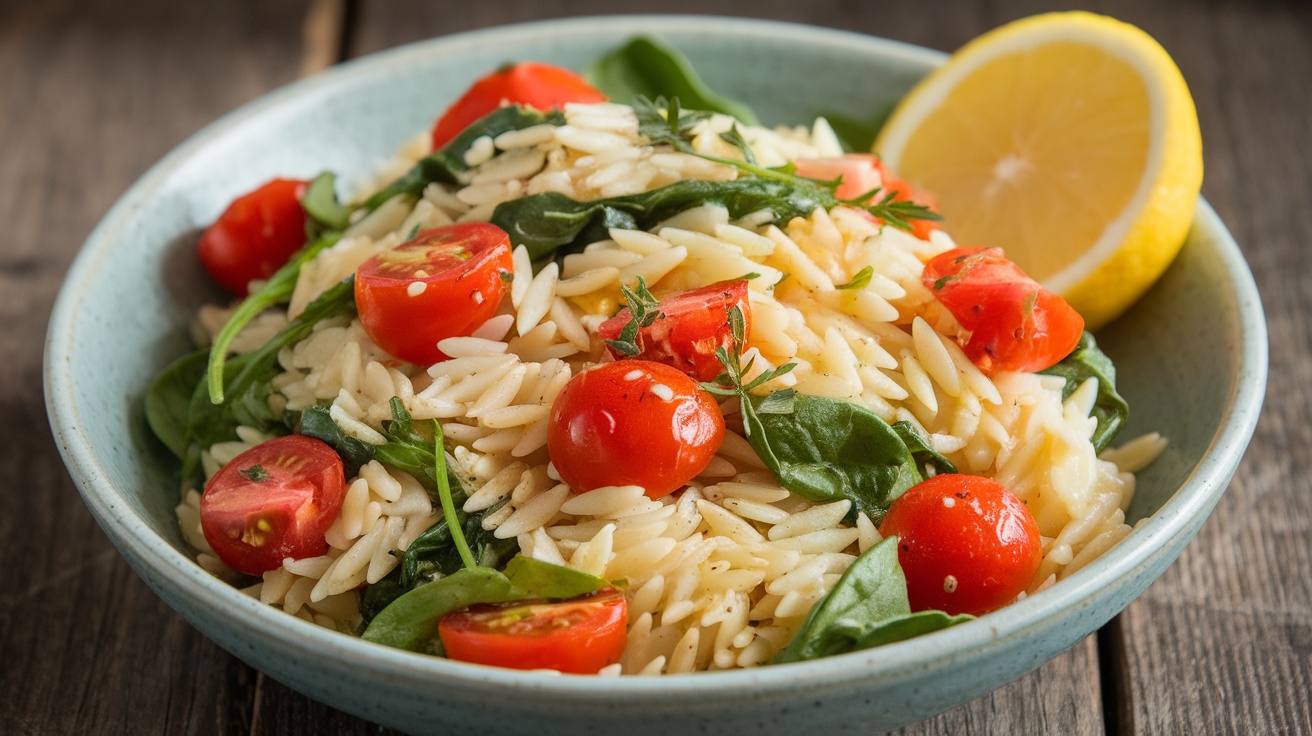 A colorful bowl of Vegan Lemon Garlic Orzo with cherry tomatoes and spinach on a wooden table, garnished with parsley.