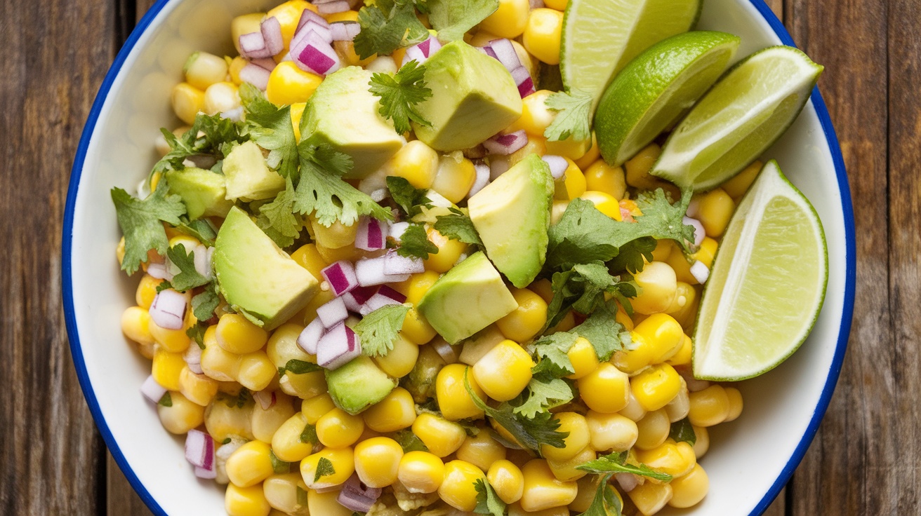 Vibrant vegan Mexican street corn salad with corn, avocado, cilantro, and onion in a bowl, surrounded by lime wedges.