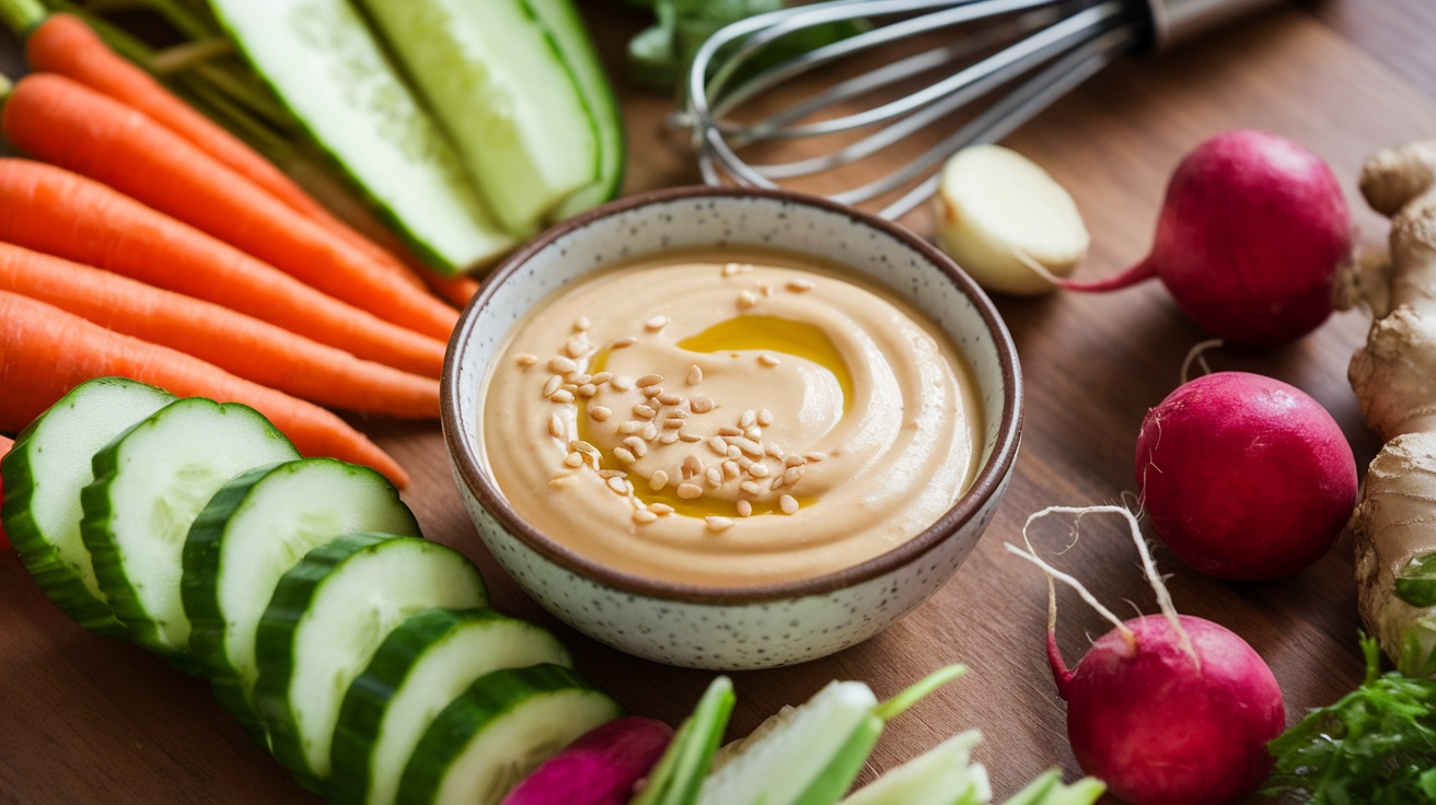 A bowl of creamy vegan miso tahini dressing with fresh vegetables, garnished with sesame seeds.